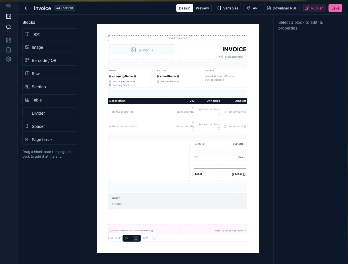 The SnappyPDF template editor with an A4 invoice open
