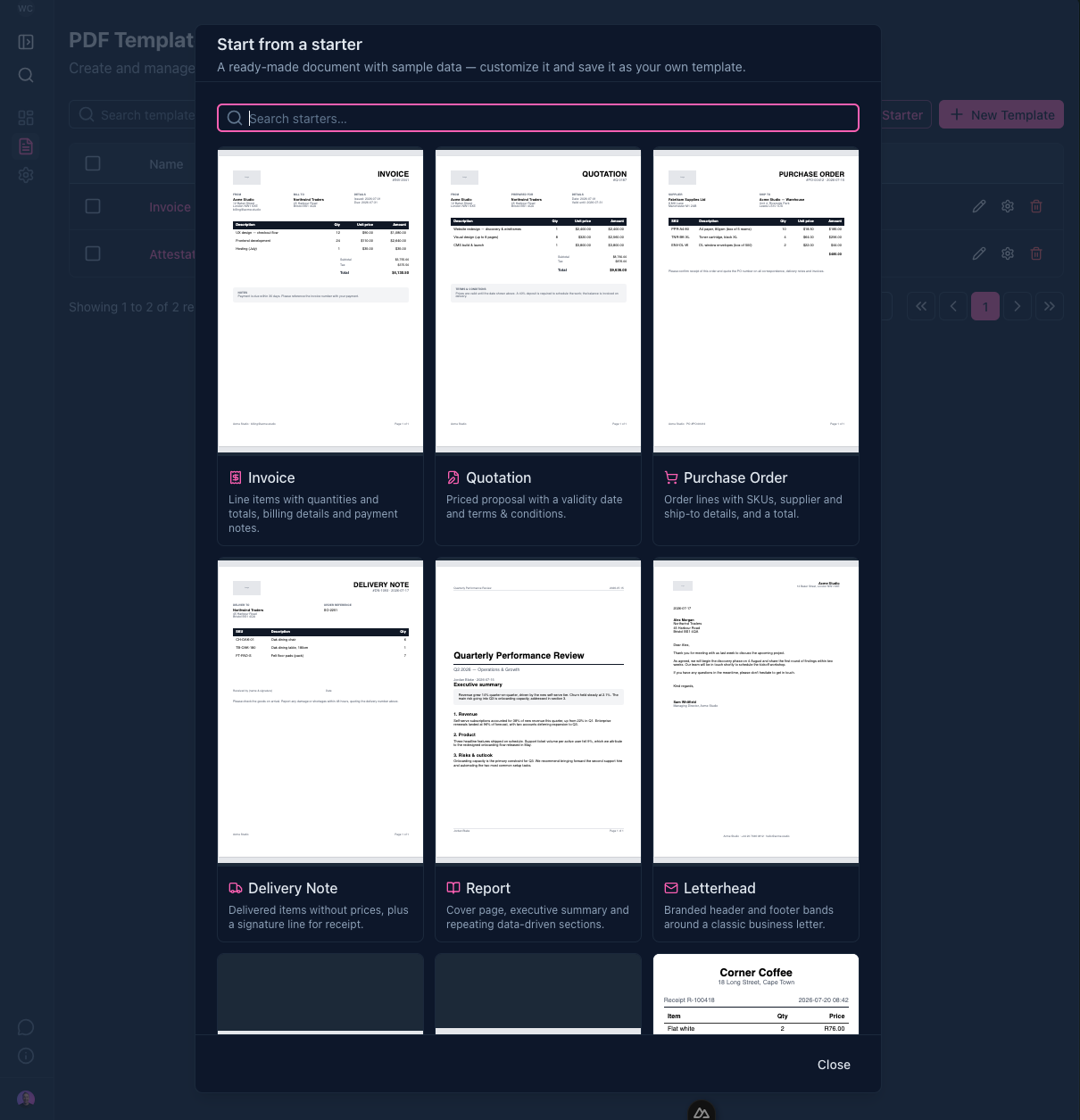 The SnappyPDF starter template gallery